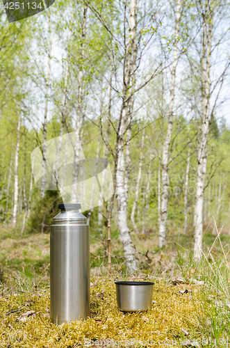 Image of Thermos with beverages in a bright forest