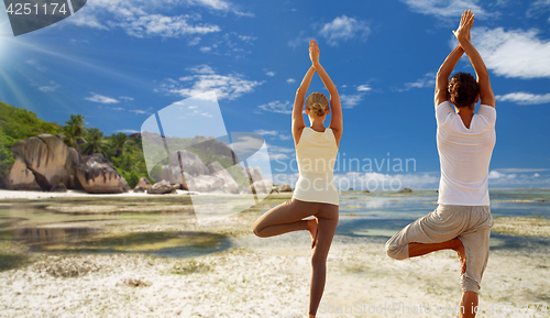 Image of couple doing yoga tree pose outdoors