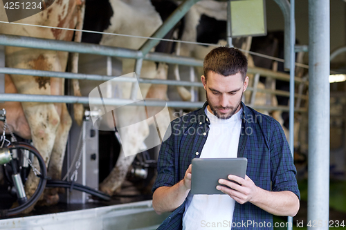 Image of young man with tablet pc and cows on dairy farm