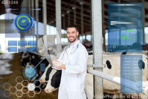 Image of veterinarian with tablet pc and cows on dairy farm