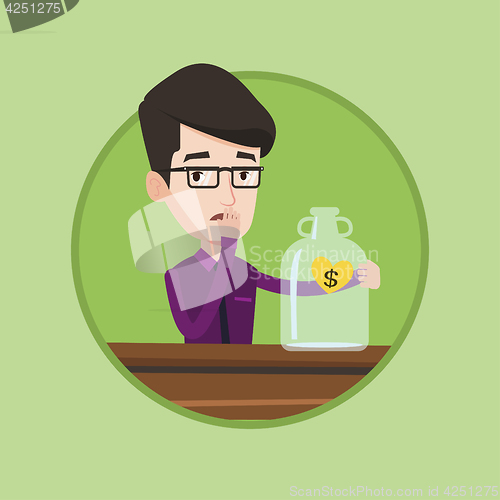 Image of Worried businessman looking at empty money box.