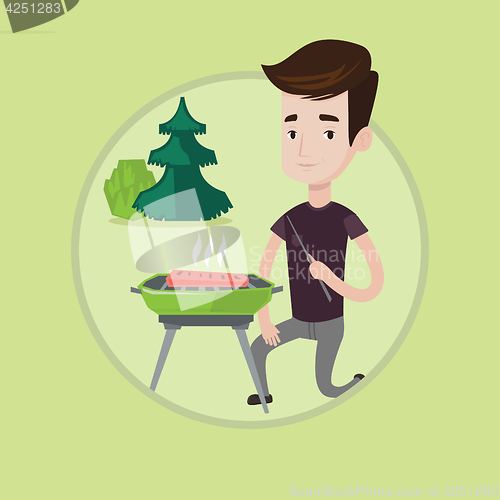 Image of Man cooking steak on barbecue vector illustration.