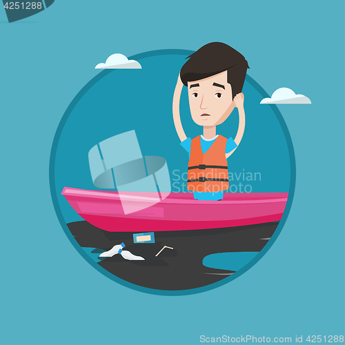 Image of Man floating in a boat in polluted water.