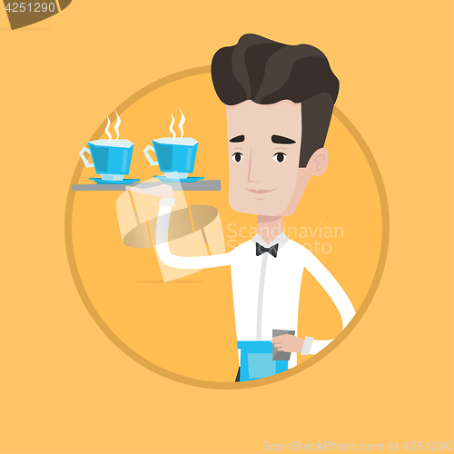 Image of Waiter holding tray with cups of coffeee or tea.