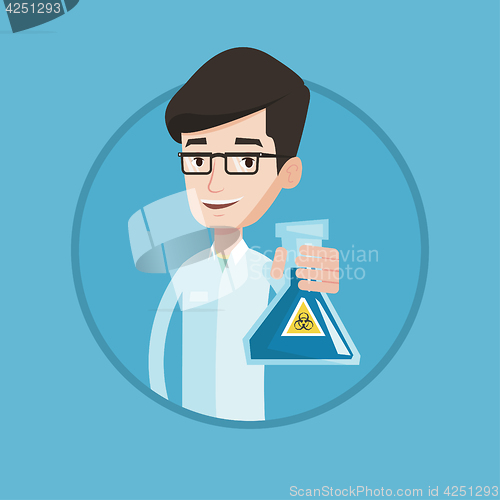 Image of Scientist holding flask with biohazard sign.