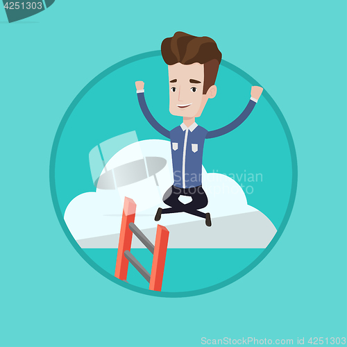 Image of Happy businessman sitting on the cloud.