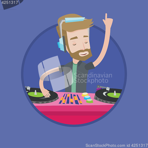 Image of DJ mixing music on turntables vector illustration.