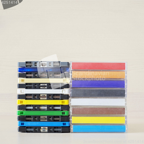 Image of Stack of old colorful audio cassettes