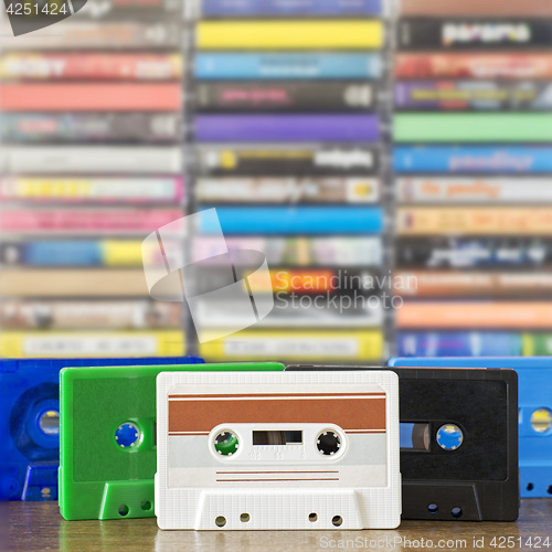 Image of Stack of old colorful audio cassettes