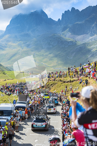Image of Row of Technical Cars in Mountains - Tour de France 2016