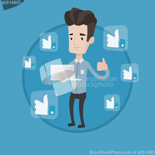 Image of Man with thumb up and like social network buttons.