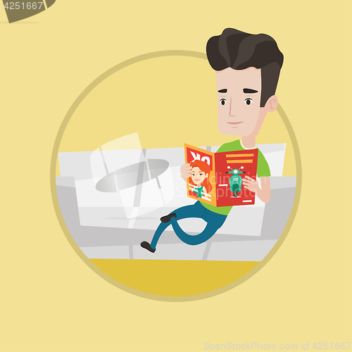 Image of Man reading magazine on sofa vector illustration.