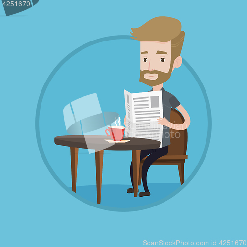 Image of Man reading newspaper and drinking coffee.