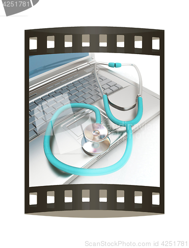 Image of silver laptop diagnosis with stethoscope. 3D illustration. The f