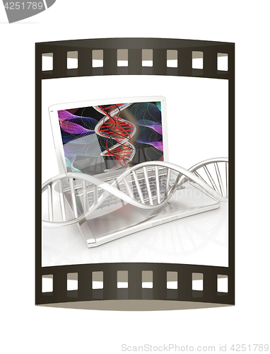 Image of Laptop with dna medical model background on laptop screen. 3d il