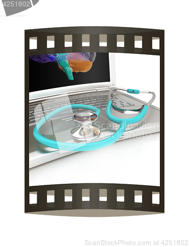 Image of Laptop, brain and Stethoscope. 3d illustration. The film strip