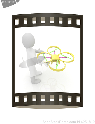 Image of 3d man with drone, quadrocopter, with photo camera. 3d render. 3