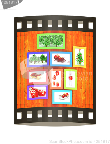 Image of Mock up picture frames on wood wall. 3d illustration. The film s