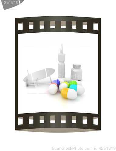 Image of Syringe, tablet, pill jar. 3D illustration. The film strip