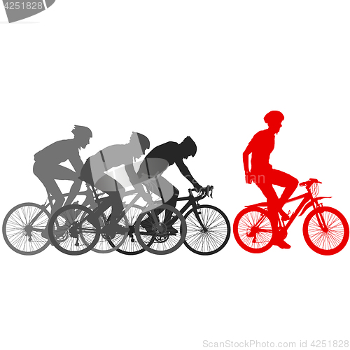 Image of Silhouettes of racers on a bicycle, fight at the finish line