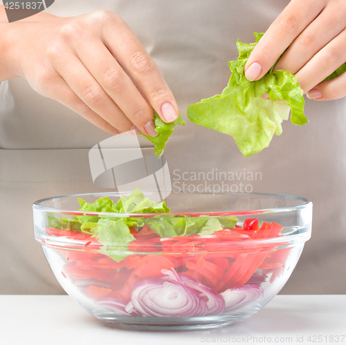 Image of Cook is tearing lettuce while making salad