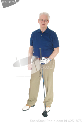 Image of Senior man standing with golf iron.
