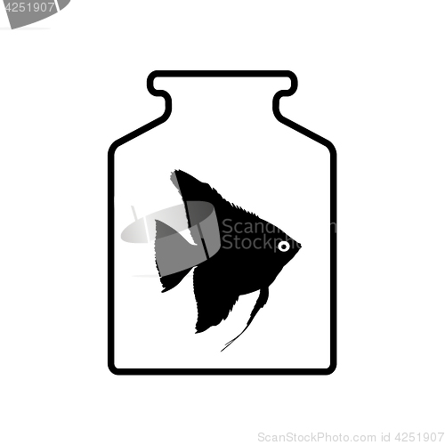 Image of Black silhouette of aquarium fish in a jar with water on white background