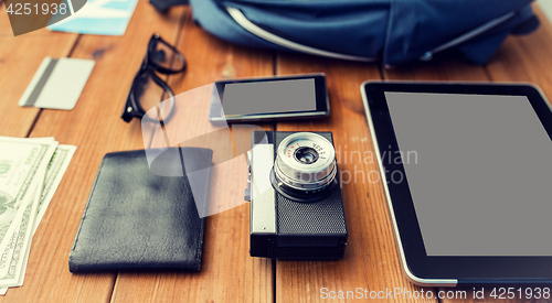 Image of close up of camera, gadgets and travel stuff
