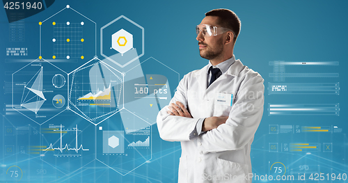 Image of doctor or scientist in lab coat and safety glasses
