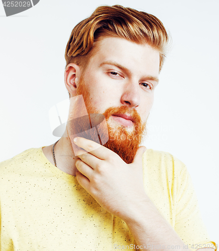 Image of portrait of young bearded hipster guy smiling on white background close up isolated, lifestyle real modern people concept