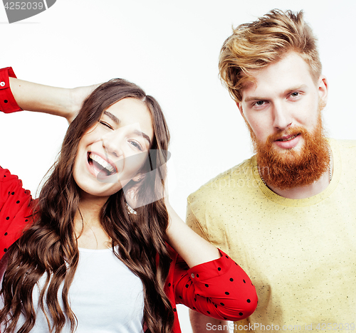 Image of young pretty teenage couple, hipster guy with his girlfriend happy smiling and hugging isolated on white background, lifestyle people concept 