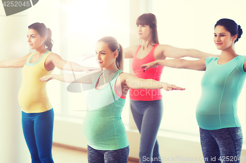 Image of happy pregnant women exercising in gym