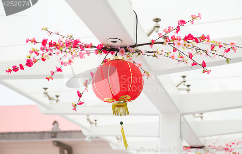 Image of ceiling decorated with hanging chinese lanterns