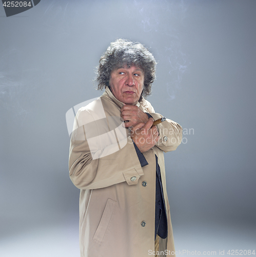 Image of The senior man with cigar as detective or boss of mafia on gray studio background