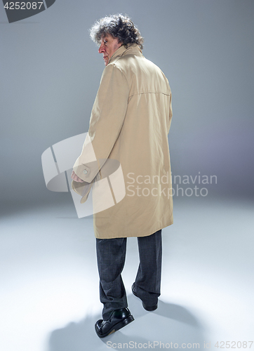 Image of The senior man as detective or boss of mafia on gray studio background