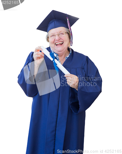 Image of Happy Senior Adult Woman Graduate In Cap and Gown Holding Diplom