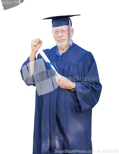 Image of Proud Senior Adult Man Graduate In Cap and Gown Holding Diploma 