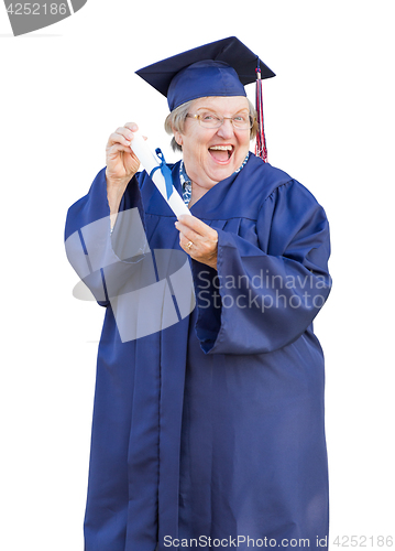 Image of Happy Senior Adult Woman Graduate In Cap and Gown Holding Diplom