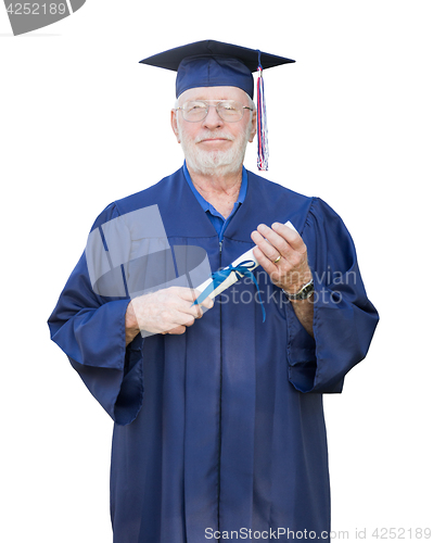 Image of Proud Senior Adult Man Graduate In Cap and Gown Holding Diploma 