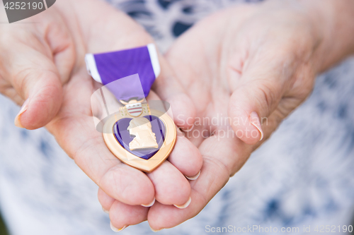 Image of Senior Woman Holding The Military Purple Heart Medal In Her Hand