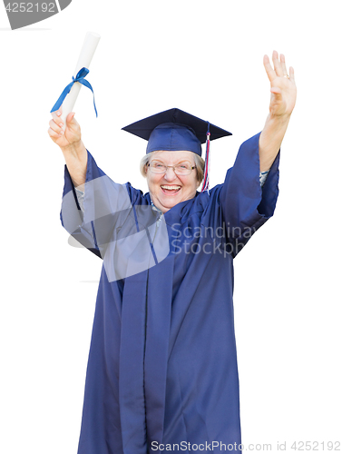 Image of Happy Senior Adult Woman Graduate In Cap and Gown Holding Diplom