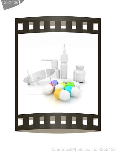 Image of Syringe, tablet, pill jar. 3D illustration. The film strip