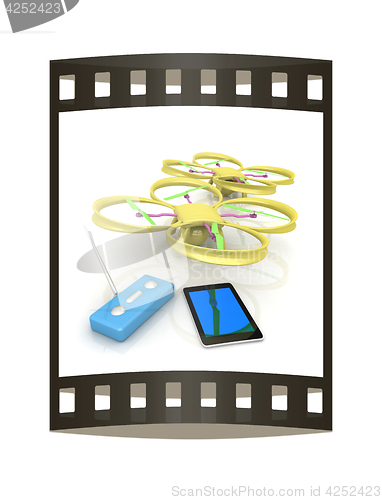 Image of Drone, remote controller and tablet PC. The film strip