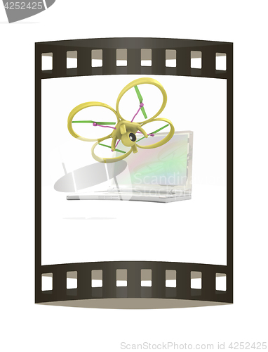 Image of Drone and laptop. 3D render. The film strip