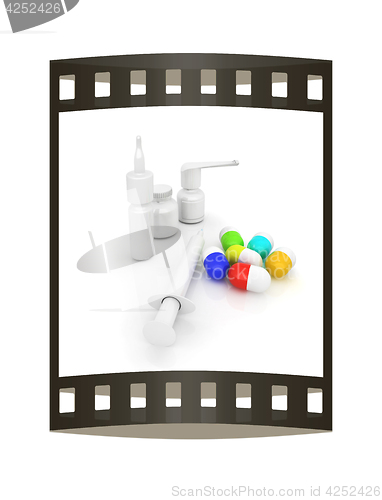 Image of Syringe, tablet, pill jar. 3D illustration. The film strip