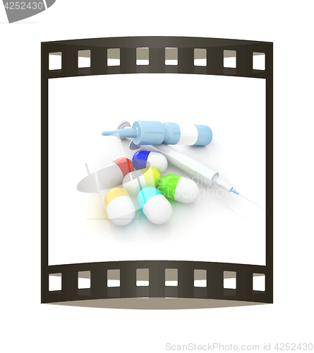 Image of Syringe, tablet, pill jar. 3D illustration. The film strip