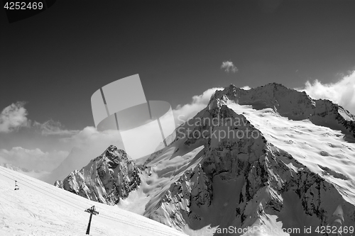 Image of Black and white view on ski slope and snow mountain in winter