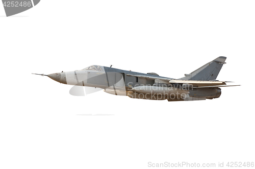 Image of Military jet bomber Su-24 Fencer flying a white background