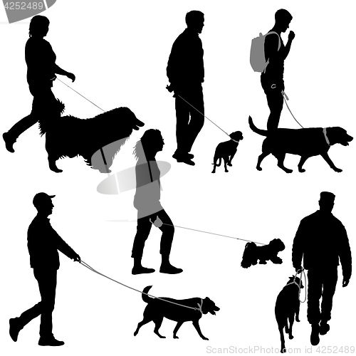 Image of Set silhouette of people and dog on a white background