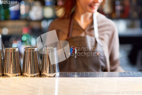 Image of woman bartender and shakers at bar